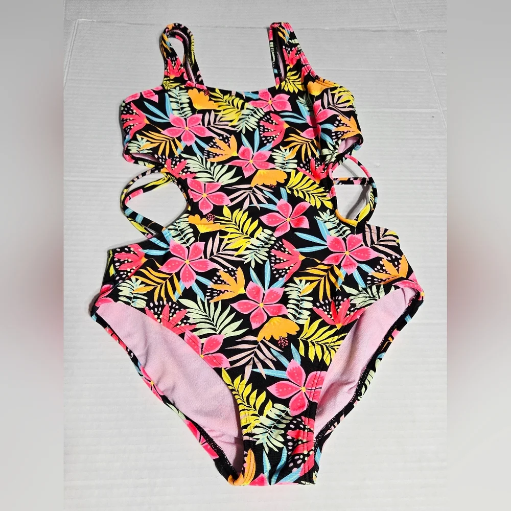 Cat & Jack Girls Floral One Piece Swimsuit L 10/12 Cutout Sides Criss Cross Trop